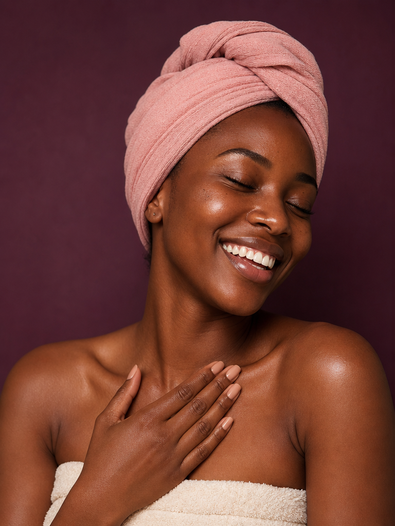 A happy client glowing after her treatment at Belle Beauty